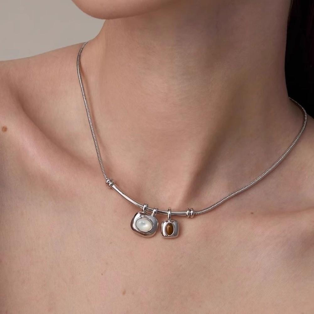 Imitation Pearl Tigereye Stone Pendant Necklaces Geometric Collarbone Necklace  Women