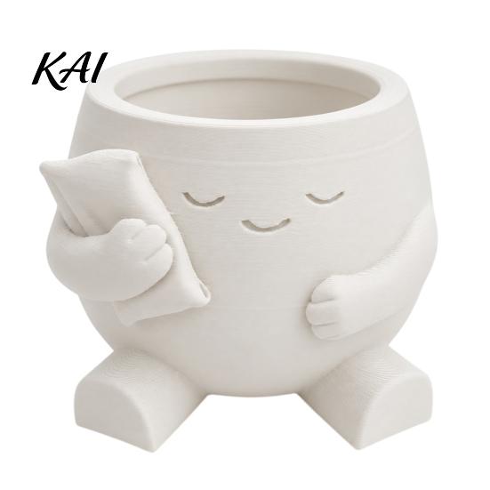 Healing Home Decor Ornament 3D Printed Cute Character Succulent Planter, Sleepy Face Flower Pot with Decorative Holder Pillow, Mini Desktop