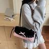 Black French Stick Handbag Denim Blue Cloth Underarm Bags Shopping Plaid Bow Shoulder Bag  Travel