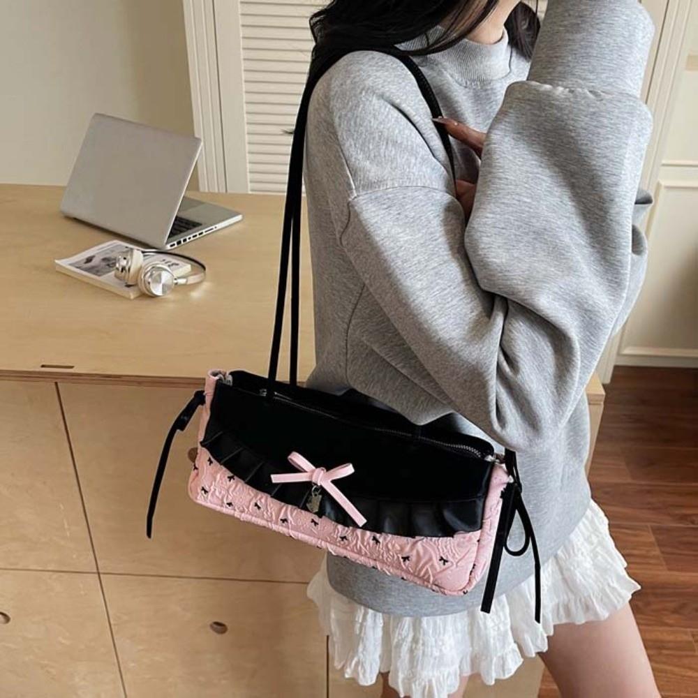 Black French Stick Handbag Denim Blue Cloth Underarm Bags Shopping Plaid Bow Shoulder Bag  Travel