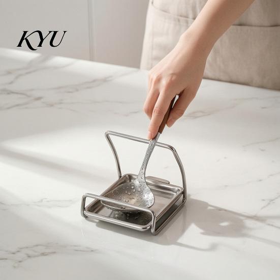 Compact Kitchen Tool Holder 304 Stainless Steel Spoon Rest with Removable Tray, Spatula Pot Lid Holder, Sturdy Countertop Utensil Organizer