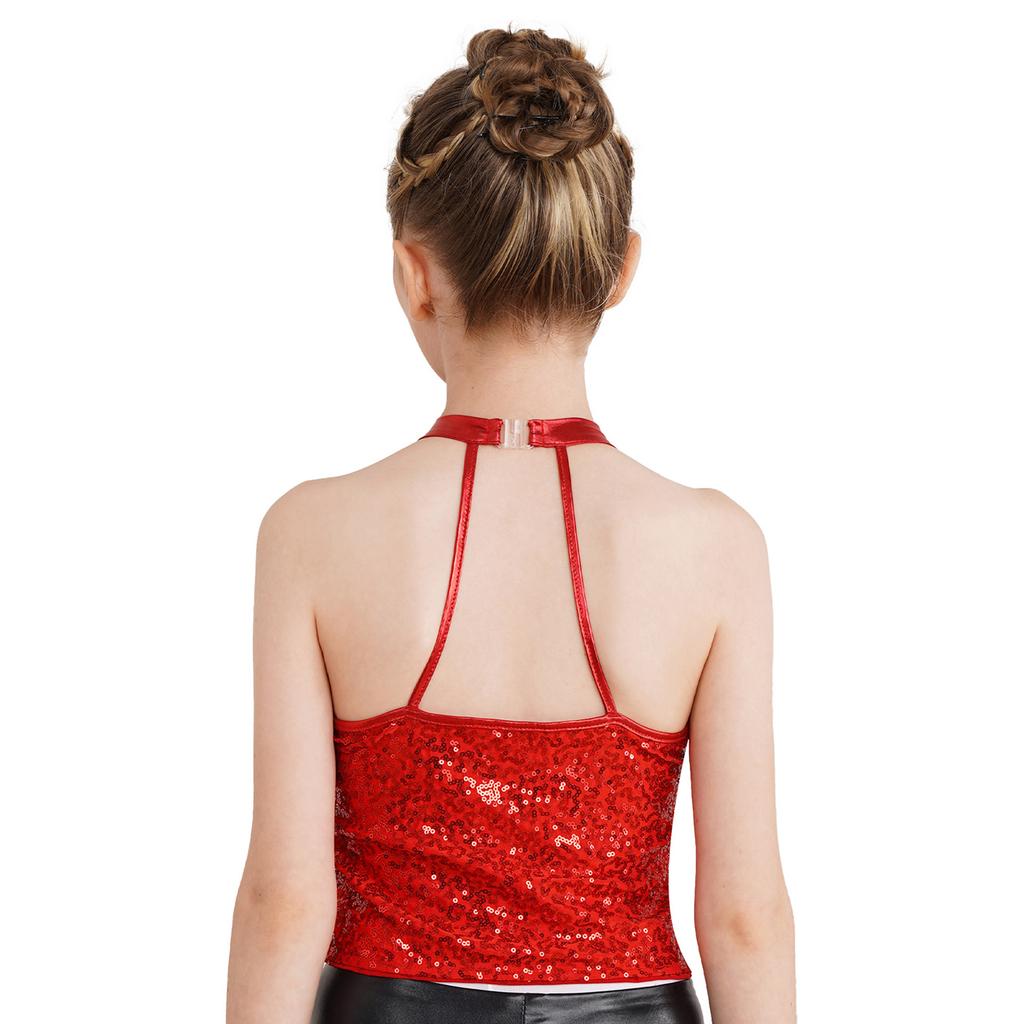Girls Shiny Sequin Halter Crop Top Sleeveless Backless Design Cheerleading Jazz Dance Performance Top