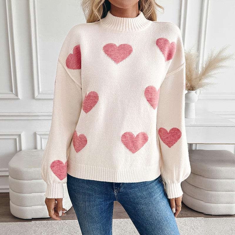 2025 Autumn/Winter Women's Christmas Love Jacquard Knit Sweater - European/American Style Semi-High Neck