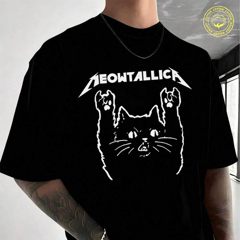 Смешная Кошка Meowtallica Кошачья Рок-Музыка Футболка Мото Мужской Бренд Футболка Мужская Летние Футболки Повседневная Высокая