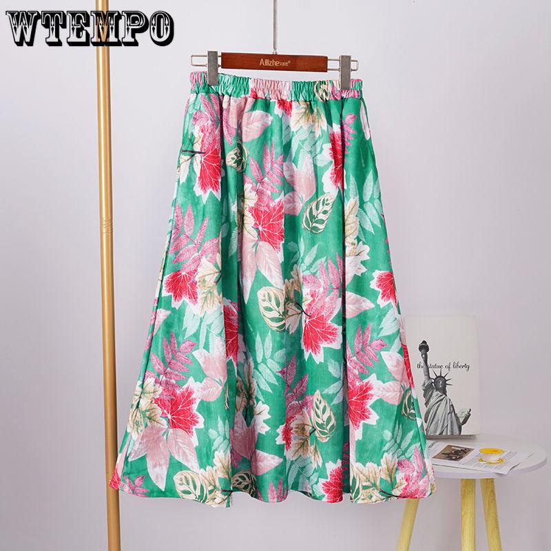 Юбка с цветочным принтом и полудлинной юбкой для женщин, весна/лето, длинная, в стиле ретро, с высокой талией, эластичная, длинная юбка