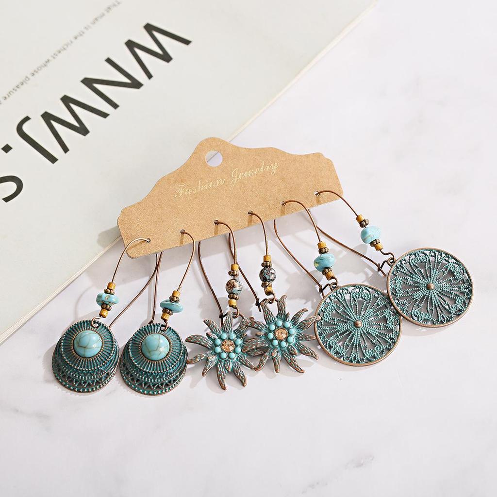 Bohemian Ethnic Retro Earring Set: 3-Piece Hanfu & Nepal Style for Women