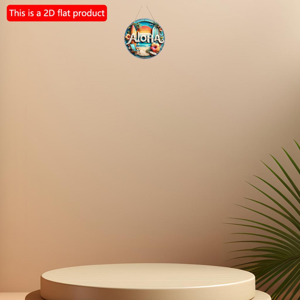 2D Flat 20*20cm1pc Aloha Beach Scenery Vacation Style Round Wooden Hanging Sign, Summer Flower&Coconut Tree&Surfboards&lounge Chairs Patterns