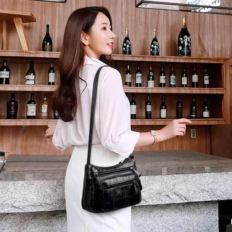 Черные портативные женские сумки на ремне из искусственной кожи, дорожные многослойные классические винтажные простые повседневные сумки с мягкой поверхностью