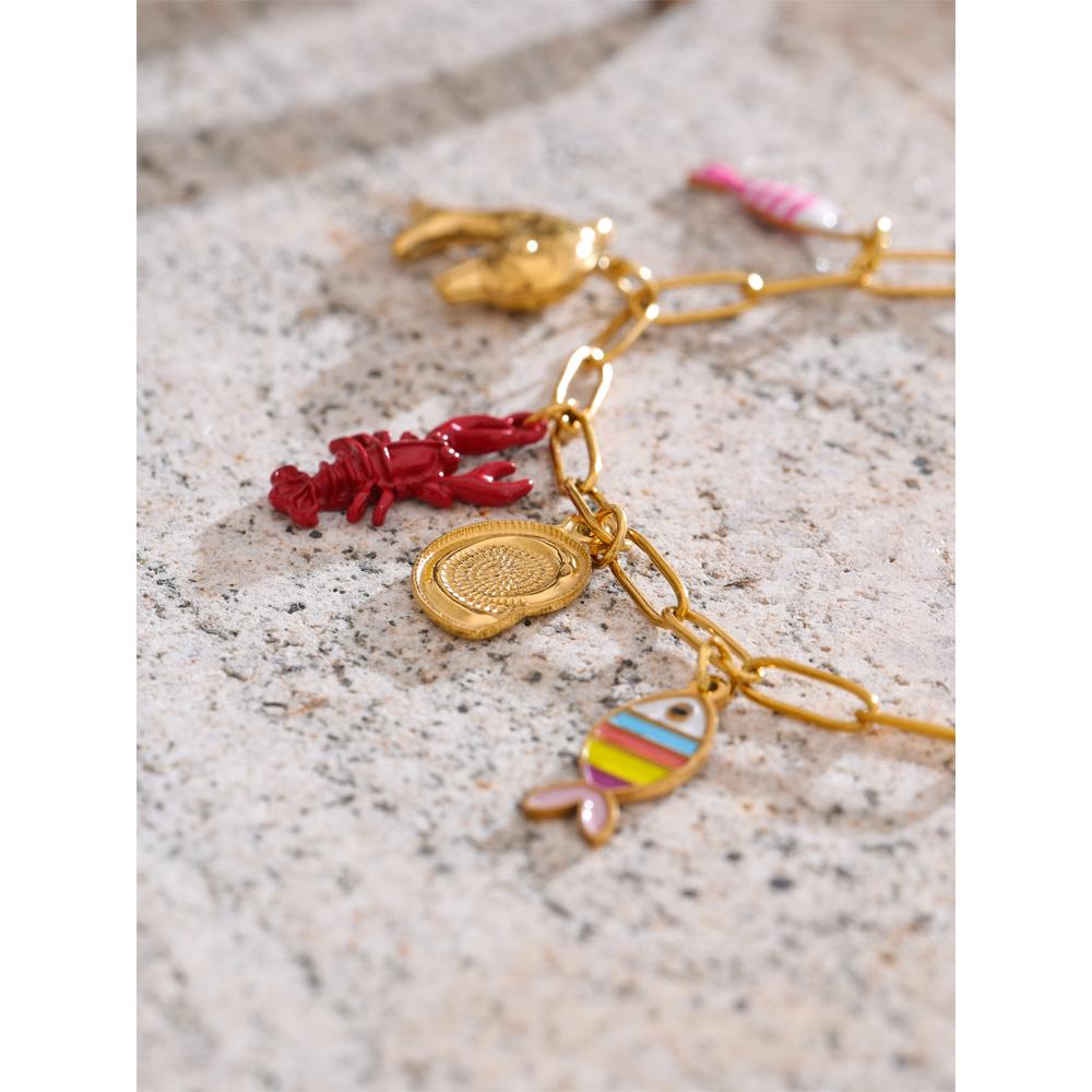 Eetit Ocean Style Enamel Fish Shell Lobster Drop Charm Bracelet Bangle for Women Summer Stainless Steel Arrivals Wrist Jewellery