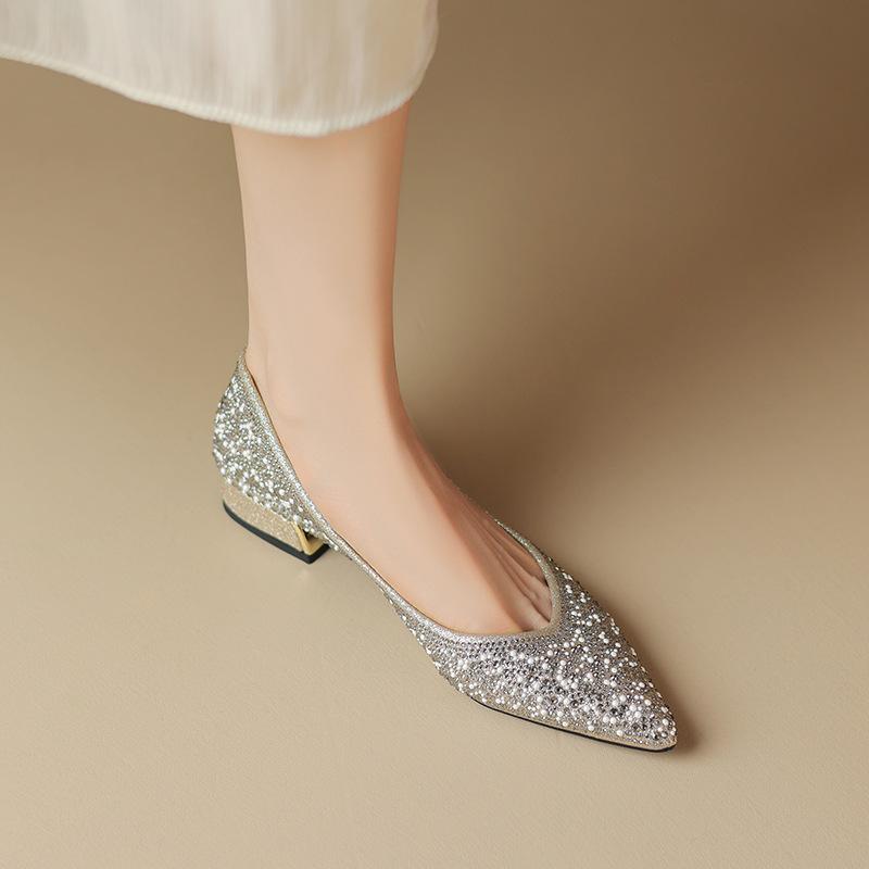 Rimocy, пикантные женские туфли-лодочки с блестками, новинка 2024 года, обувь для свадебной вечеринки на низком каблуке с острым носком, женские блестящие туфли без шнуровки для невесты