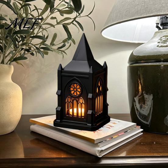 Colorful Balcony Figurine Gothic Cathedral LED Candle Lantern, Church Shaped Flameless Tealight Lamp, Artistic Home Decor Spooky Vintage Desktop Night