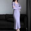 [] Фиолетовое трикотажное платье с V-образным вырезом осень-зима талия рыбий хвост длинное платье облегающее обтягивающее бедра юбка-свитер