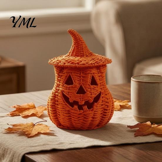 Rustic Fall Aesthetic Halloween Pumpkin Lantern Tabletop Decor, Woven Witch Hat Candy Bowl & LED Gothic Home Decor Prop, Centerpiece for Shelf Mantel