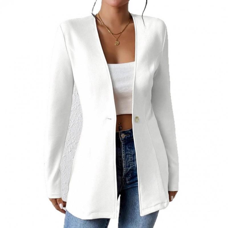 Womens V-Neck Single Button Solid Color Long Sleeve Blazer Jacket Casual Chic Office Wear