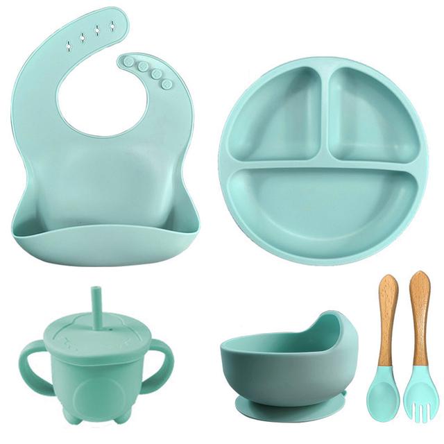 6 шт. детские тарелки для кормления детей, мягкая силиконовая миска, тарелка, чашка, нагрудники, ложка, вилка, набор, нескользящая мультяшная посуда для детей, не содержит BPA