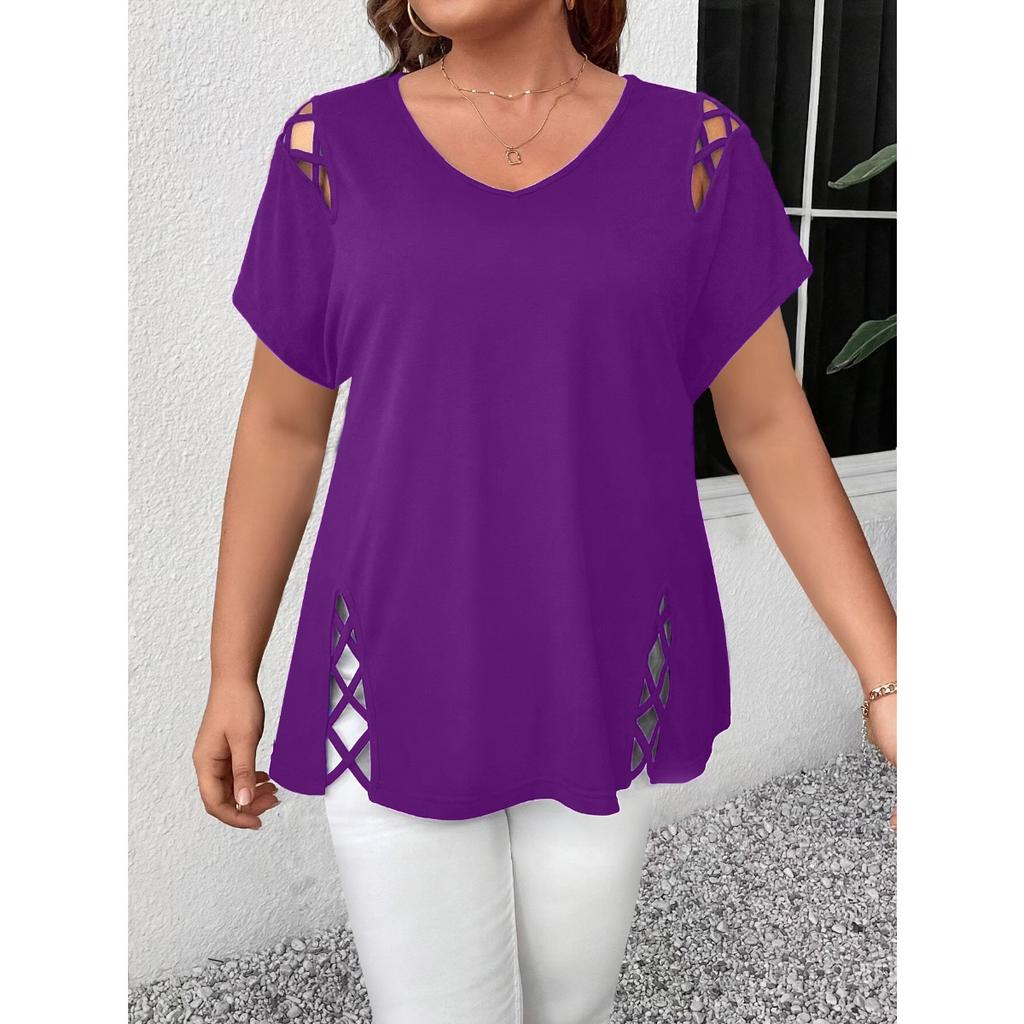 Однотонный короткий рукав с перекрестными бретелями модные элегантные женские топы больших размеров футболка