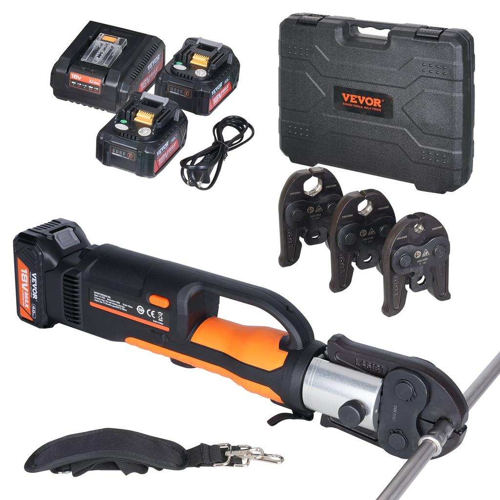 VEVOR Press Tool and Battery Kit, Press Tool, Electric Pipe Crimping Tool with V15, V22, V28 Jaws, Press Tool Kit with 2pcs 18V 4.0Ah Battery