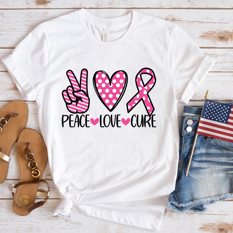 Новая Забавная Футболка с Принтом 'Мир Любовь Исцеление' для Повышения Осведомленности о Раке Груди, Унисекс, Короткий Рукав, Круглый Вырез, Летняя Повседневная Футболка с Буквами, Топ