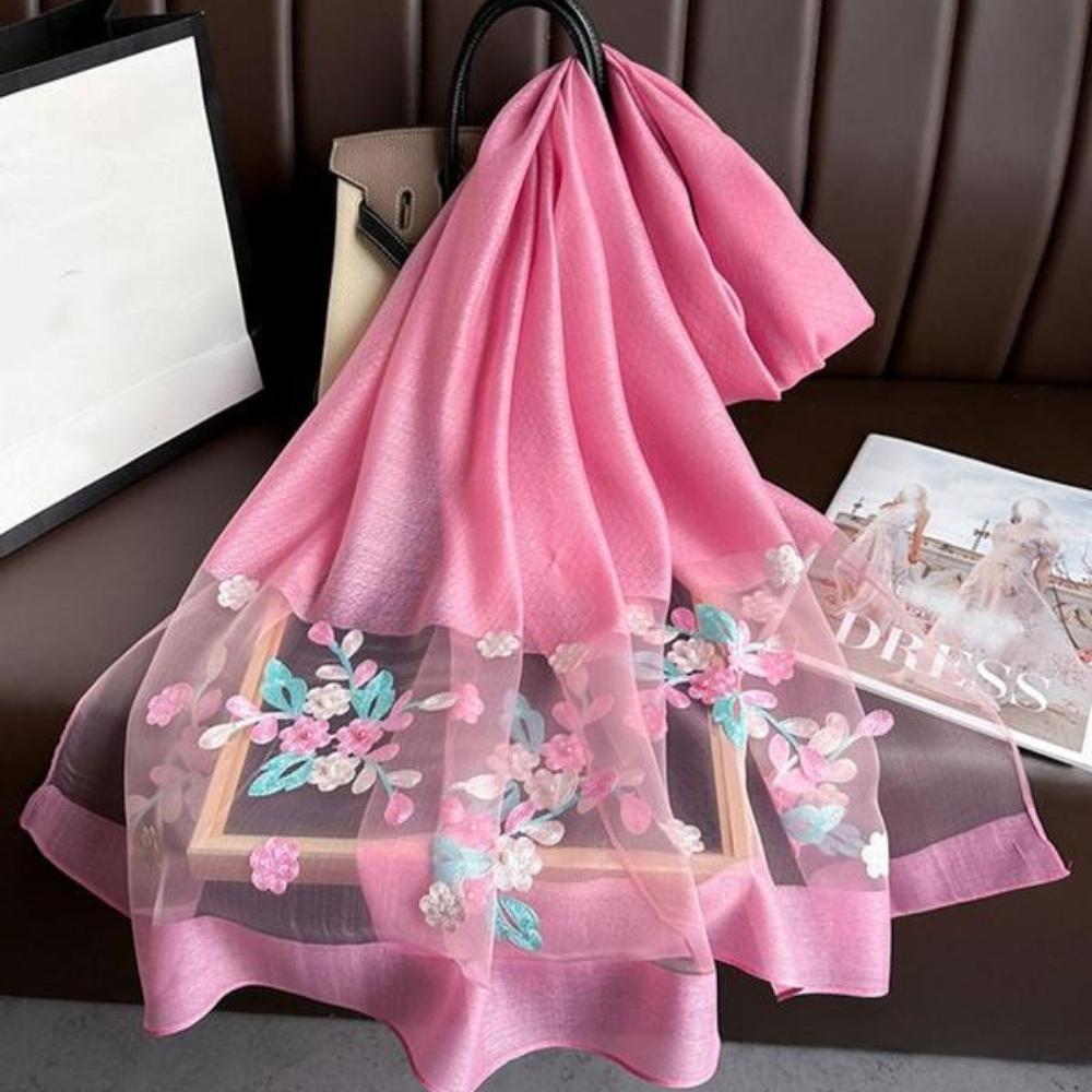 Элегантный шелковый шарф с цветочной вышивкой для женщин, стильная пляжная шаль с бисерной отделкой для защиты от солнца, богемный ветрозащитный маст-хэв