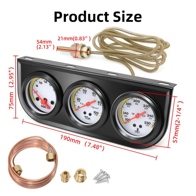 12V Car Auto 3 IN 1 Triple Meter Kits 52MM Oil Pressure Gauge+AMP,Ammeter/Voltage+Water Temperature Meter with Sensor 1/2NPT