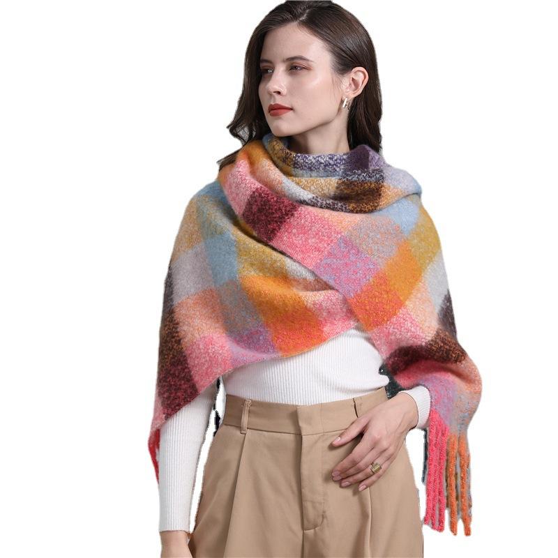 Scarf Imitation Cashmere Plaid European And American Elongated Tassel Scarf Fashion Striped Color Blocked Winter Scarf Shawl Coarse Beard