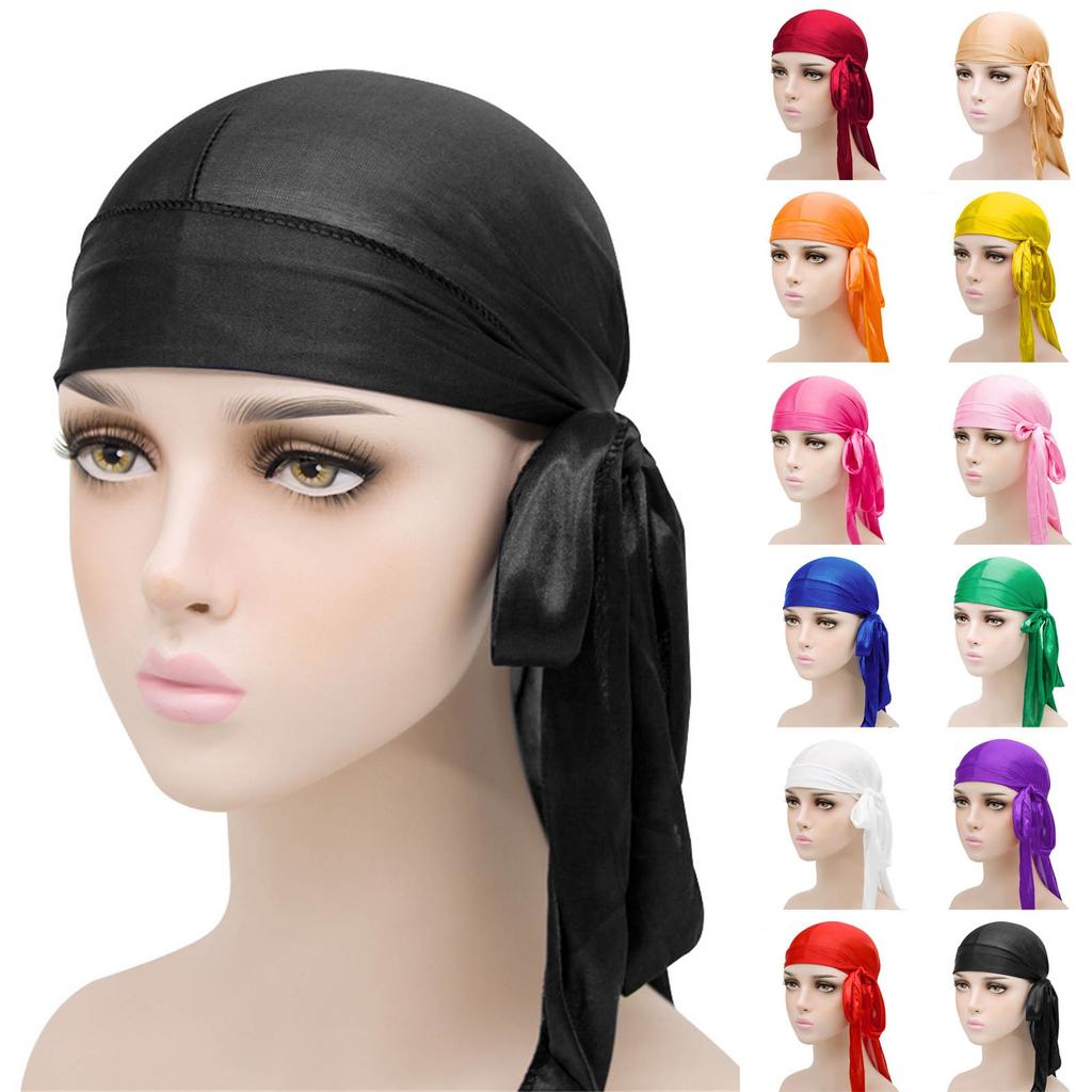 Мужские и женские атласные эластичные шляпы, имитирующие шелк, толстые пиратские шляпы с длинным хвостом, шелковистые Durag