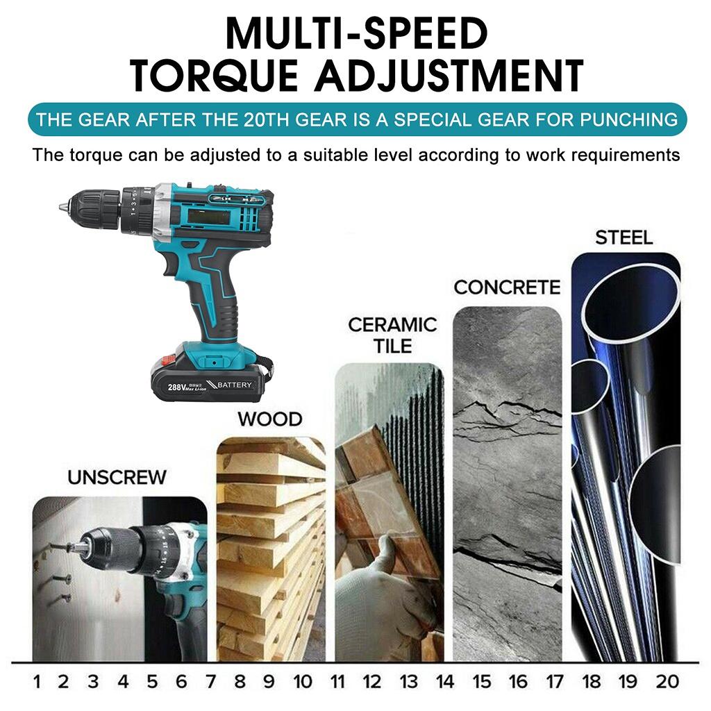 288VF 350 Нм 3 в 1 Аккумуляторная дрель Бесщеточный ударный шуруповерт 1/2 дюйма Ударная дрель с набором сверл + отвертка Электроинструмент