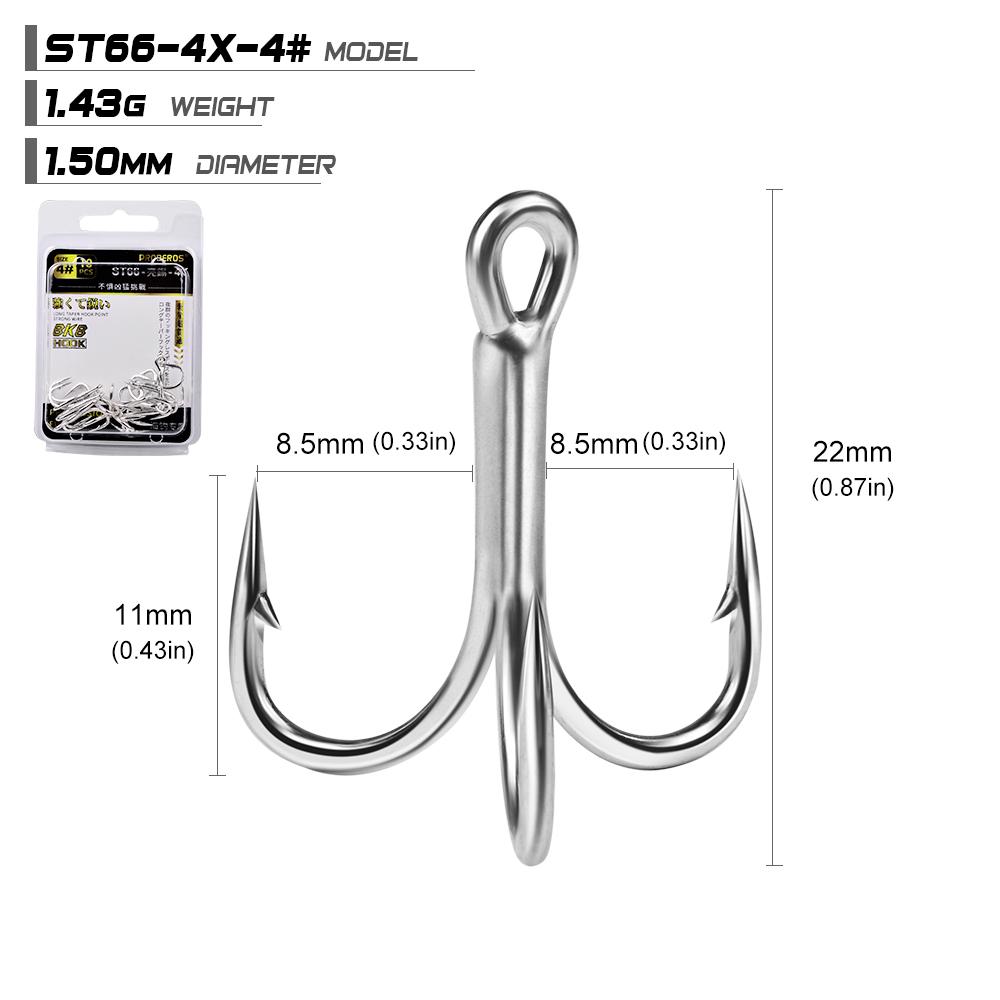 PROBEROS 4X ST66 Treble Fishing Hooks Hi-Carbon Steel Anti-Corrosion Silver 4#-5/0# High Strength Tackle 10pcs/box