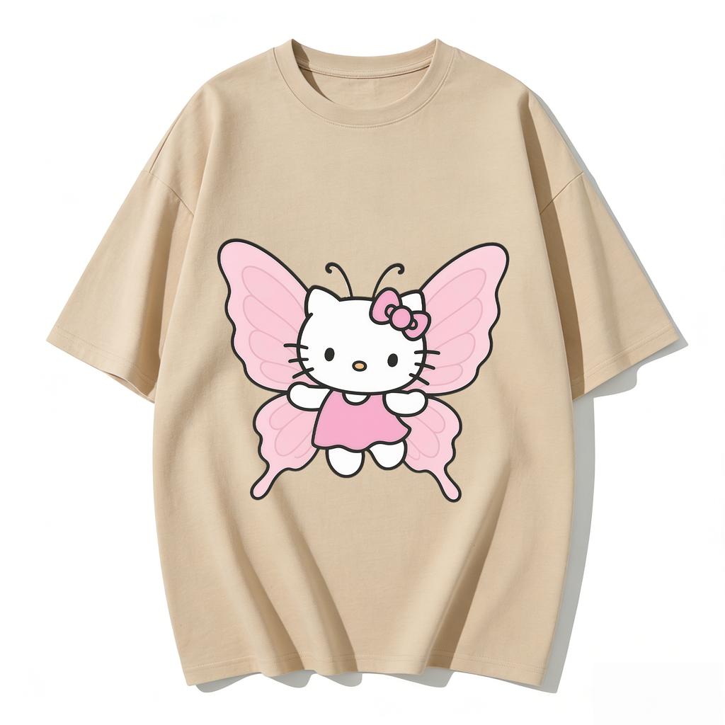 2026 New Arrival Kawaii Hello Kitty Butterfly Print Couple T Shirts Casual Loose Family Matching Outfits Parentchild Tees Tops