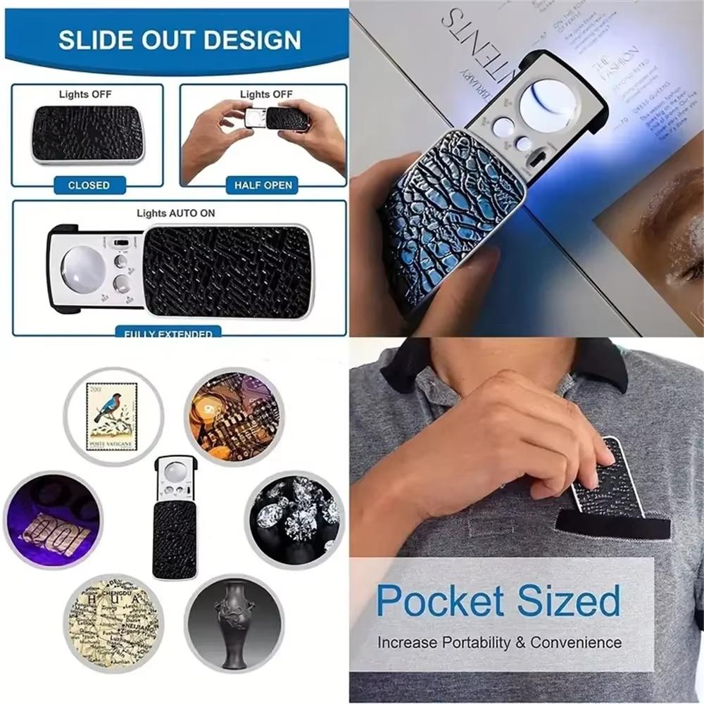 Выдвижная лупа для ювелирных изделий 30X 60X 90X светодиодная подсветка для глаз мини портативная лупа с УФ-светом для ювелирных изделий