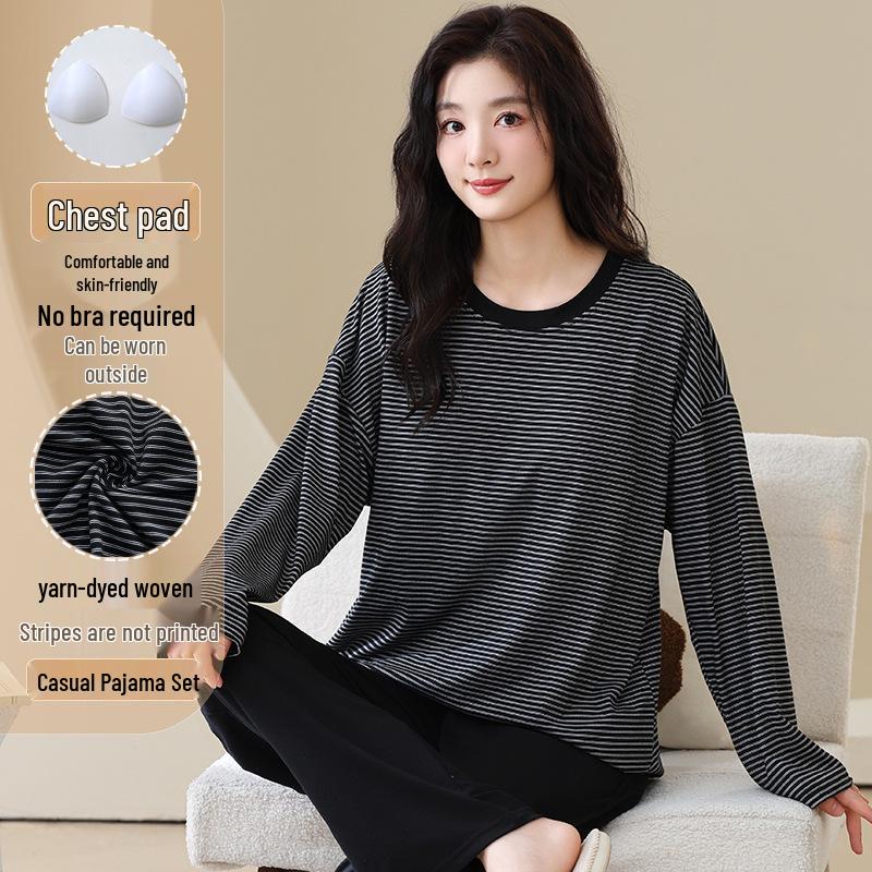 Женская осенняя пижама с круглым вырезом, в полоску, с длинным рукавом и нагрудными вкладышами - Повседневный комплект больших размеров для дома и улицы