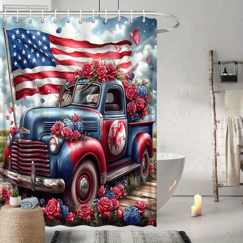 Винтажная Патриотическая Шторка для Душа - Американский Флаг и Розы, 72x72", 12 Крючков, Устойчивая к Выцветанию, Машинная Стирка, Печать Высокого Разрешения