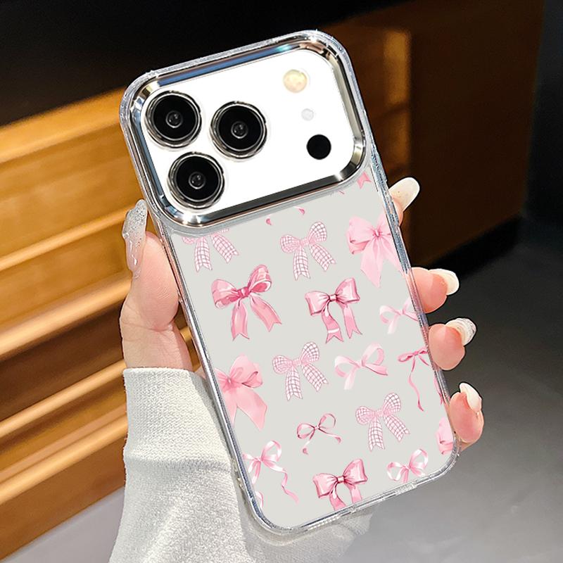 Чехол с бантами и вишневым узором для iPhone 17 Pro Max Позолоченная рамка для камеры Прозрачный мягкий чехол для iPhone 16 15 14 13 Pro Max 11 16E 17E