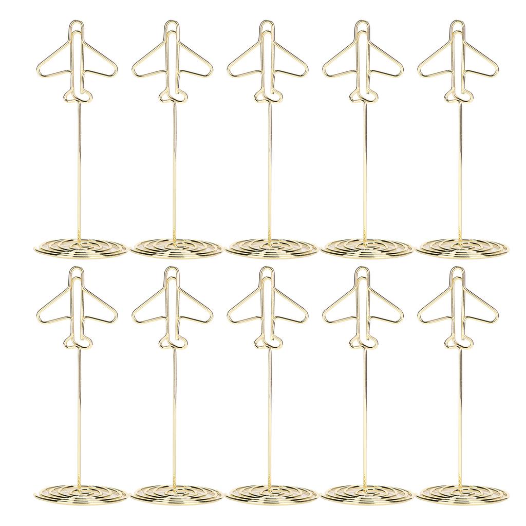 10Pcs Message Clip Desktop Metal Business Card Photo Golden Airplane Holder with Base