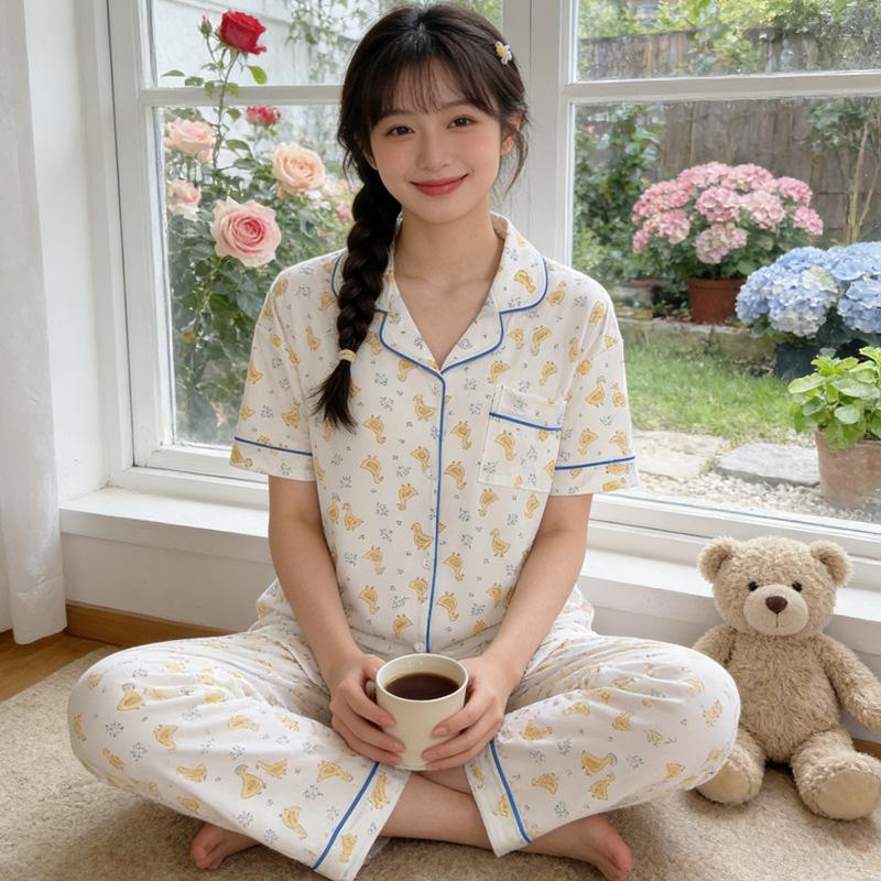 Imitation cotton cardigan pajamas women's summer short-sleeved trousers pastoral cartoon little yellow duck loose and comfortable loungewear