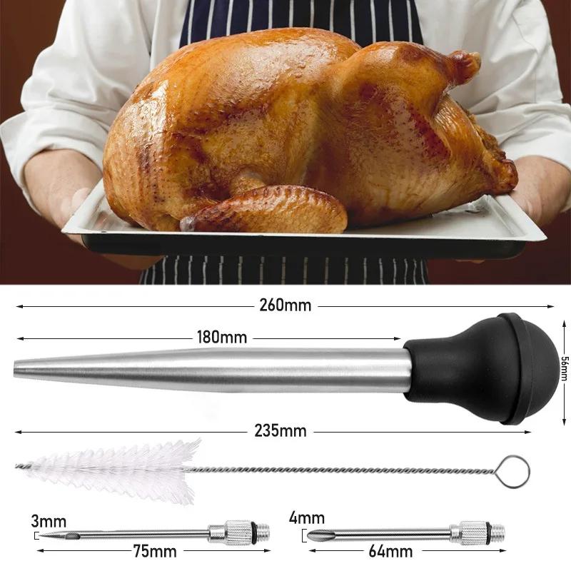 Набор шприцев для индейки из нержавеющей стали с иглами для инъекций мяса и щеткой для чистки для приготовления пищи, барбекю, маринования птицы, говядины