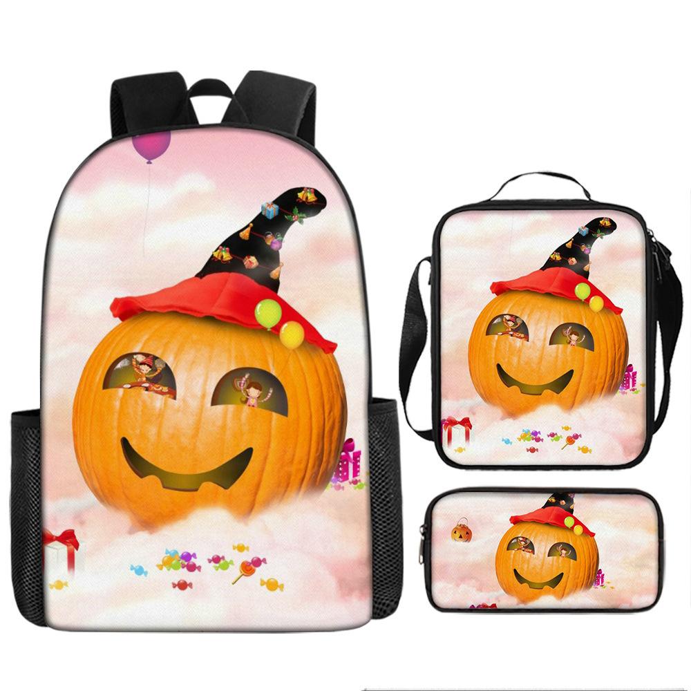 Halloween Backpack Pumpkin Ghost 3-Piece Set Schoolbag Kids Shoulder Bag Cute Bookbag for Boys Girls