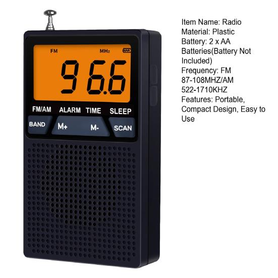 Portable AM/FM Radio Mini 2 Band Radio with Speaker Multipurpose Time Display
