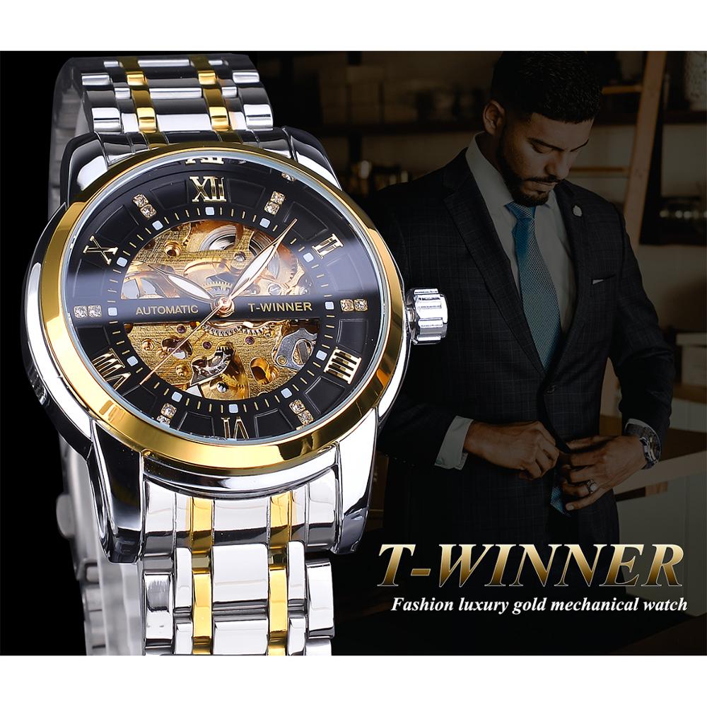 WINNER Часы мужские автоматические механические с бриллиантовым циферблатом из нержавеющей стали со скелетонизированным механизмом и светящейся стрелкой SLZg108