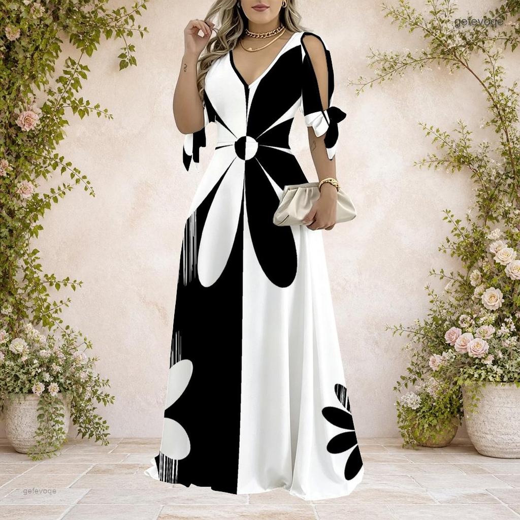 Women Plus Size Cold Shoulder V Neck Blue Printed Short Sleeve Tie Cuff A Line Long Dress
