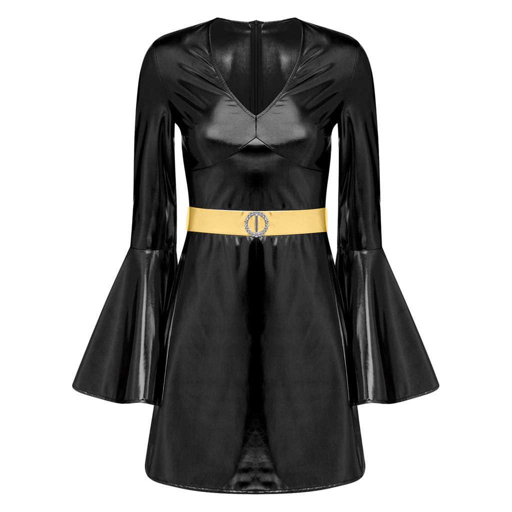 Женский костюм диско 70-х годов, платье-бодикон с V-образным вырезом, рукавами-клеш, кристальным декором, металлическим блеском