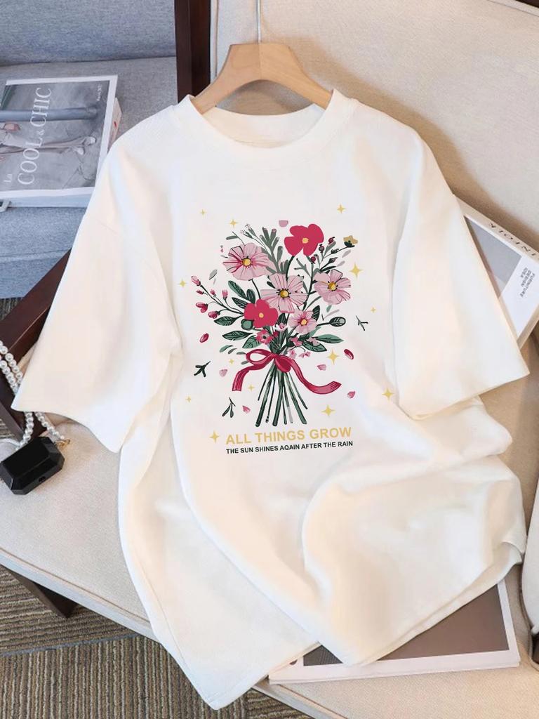 Summer T-shirt for Women, Beautiful Flowers and Growth, Loose Round Neck, Soft and Comfortable T-shirt, Casual Wear Harajuku Y2K