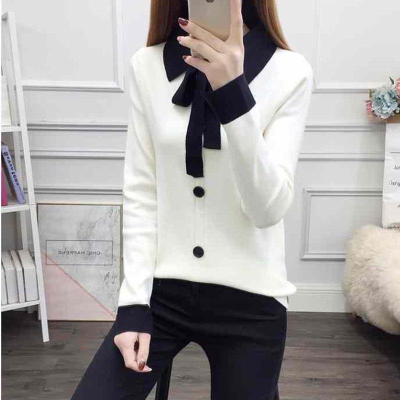 Осенне-зимний вязаный свитер, женская рубашка с тонким кукольным воротником, топы с длинными рукавами, женский свободный свитер