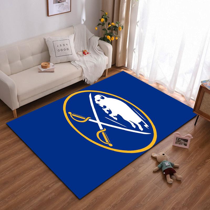 Buffalo logo with crossed swords, blue design. Non-slip rug suitable for living room and bedroom sofas.