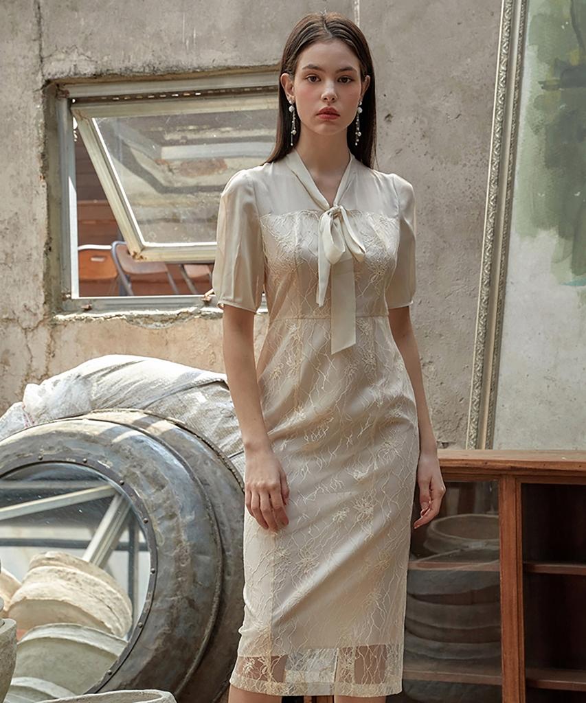 Julie And Kara 24Ss Collar 91 Secret Garden Ivy Ribbon Tie Lace Dress Beige