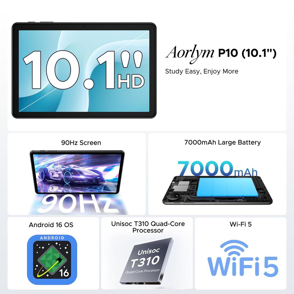 AP10 10,1 дюйма, 48 ГБ ОЗУ + 128 ГБ ПЗУ, Планшет на Android 16 с ИИ Gemini, 7000 мАч, 90 Гц, Двойные динамики, Разъем для наушников, Планшет с клавиатурой, Стилусом, Чехлом