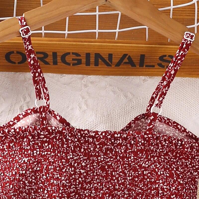 Комплекты для девочек 8-12 лет, красный топ с бретелькой на бретельках с цветочным принтом для маленьких девочек + красная юбка с цветочным принтом, костюмы в корейском стиле, летние повседневные комплекты одежды