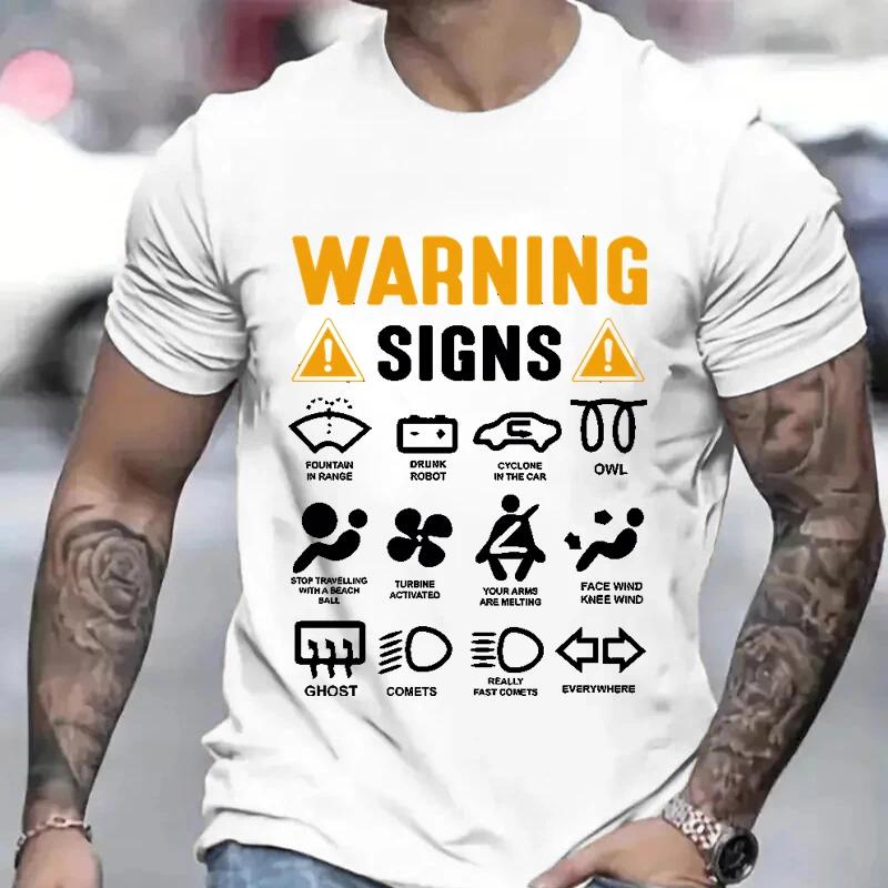 Футболка для мужчин Одежда Забавные предупреждающие знаки для автомобилей Дизайн Мужские футболки Летние футболки с коротким рукавом Одежда Топы 2000 года Футболки для мужчин
