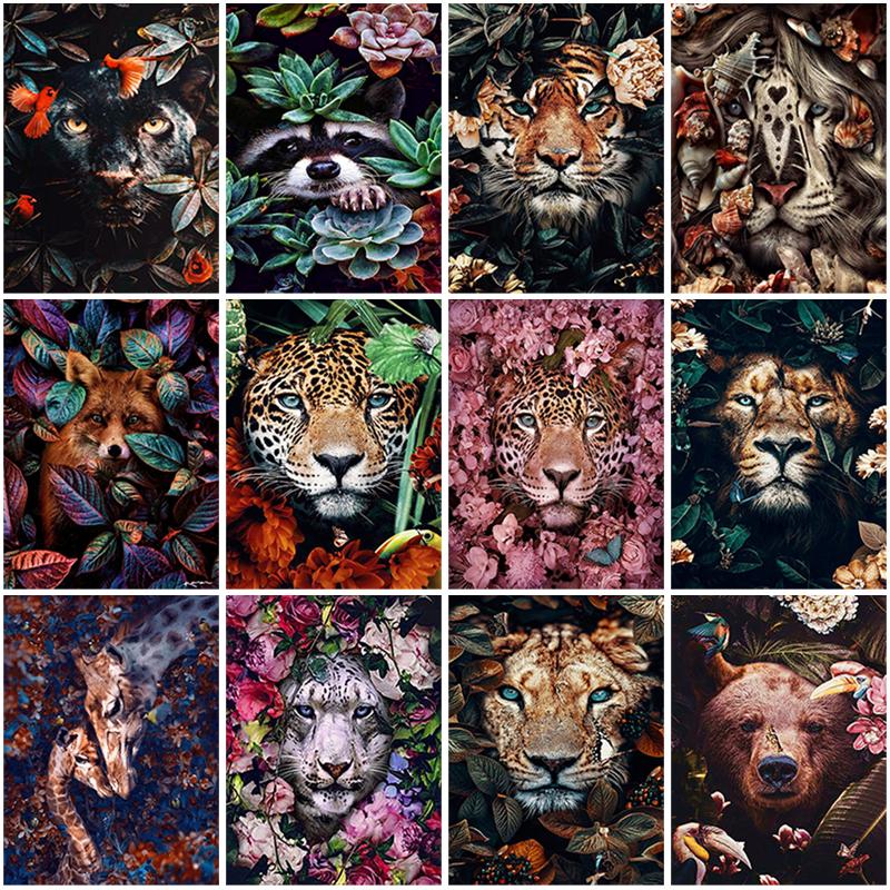 5D Diamond Embroidery Animals Diamond Painting Full Round Drill Tiger Lion Face Flowers Picture of Rhinestones Home Decor