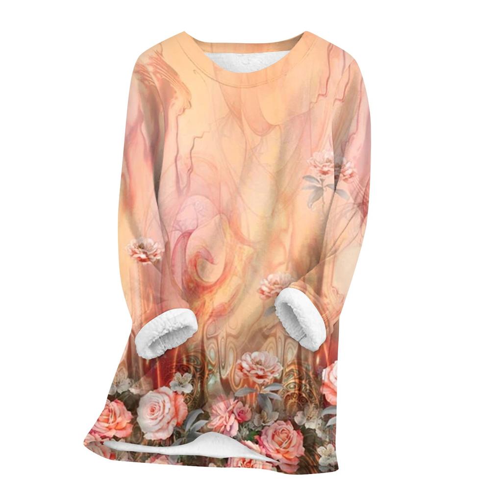 Женский топ с круглым вырезом и принтом из утолщенного плюша и кашемира, теплый длинный топ